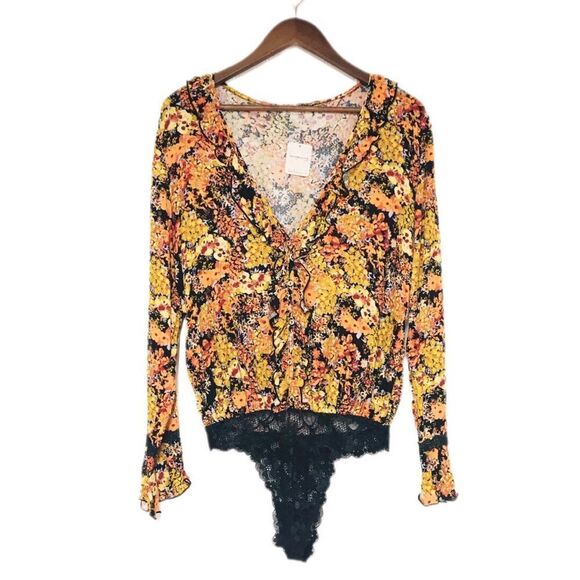 FREE PEOPLE Heat Wave Floral Long Sleeve Thong Bodysuit V-Neck Orange‎ Black New - Picture 2 of 14